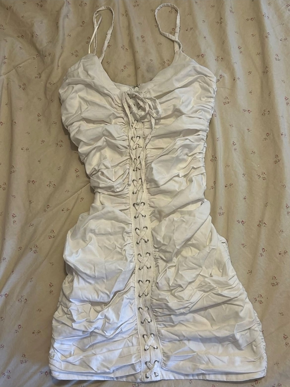 White Ruched Lace-Up Mini Dress